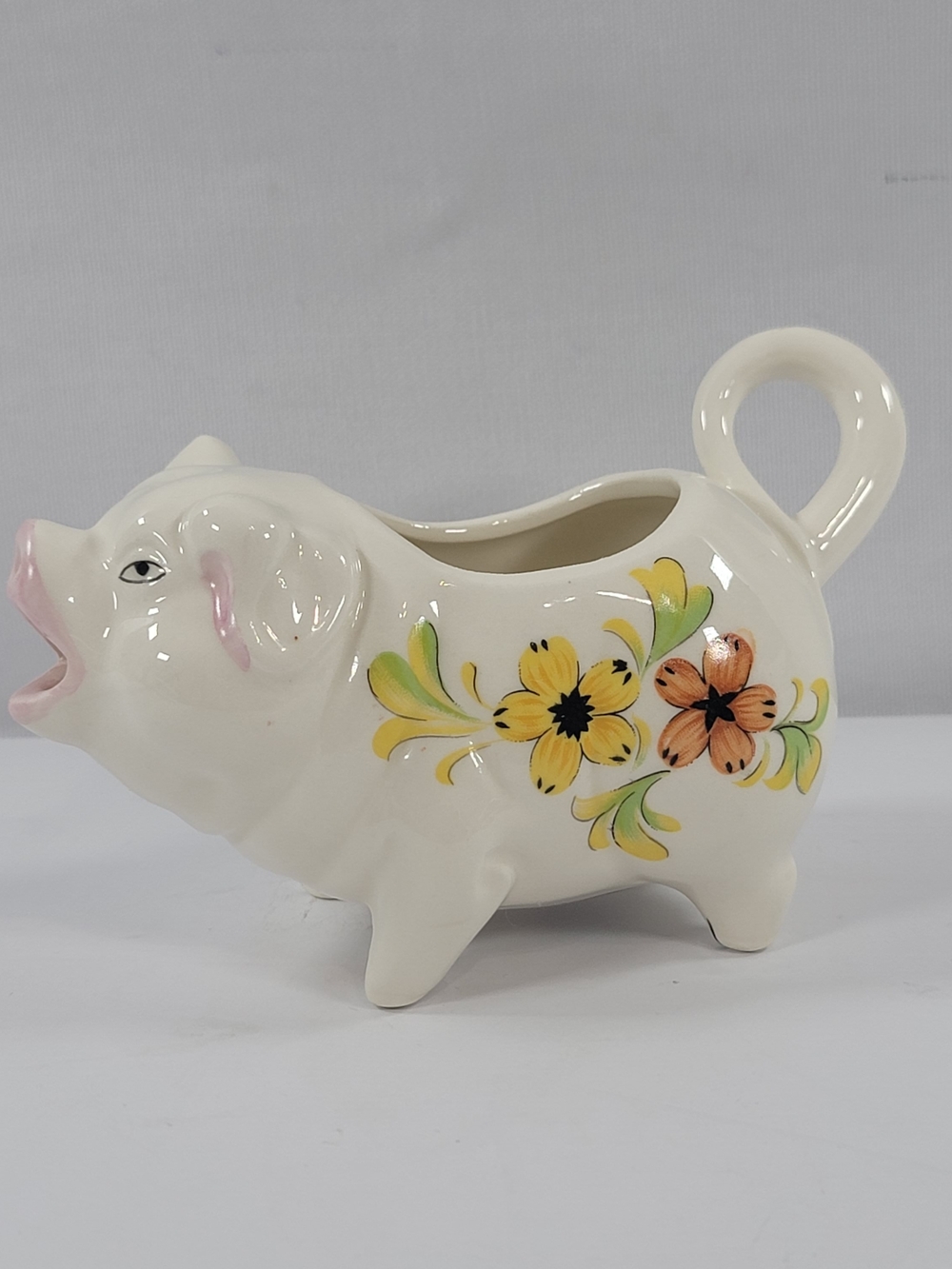Vintage Lenwile Ardalt Artware Porcelain Pig Creamer With Handle & Floral Design